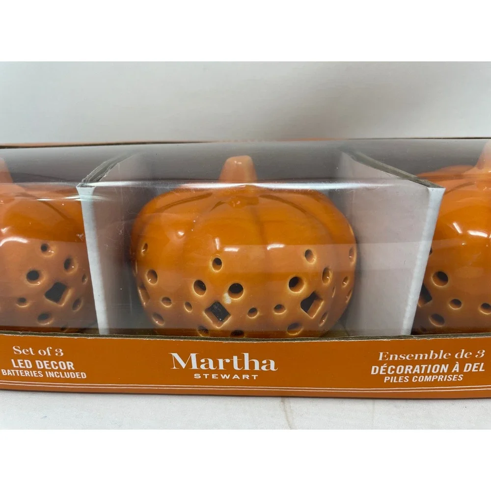 Martha Stewart Set of 3 LED Decor‎ Pumpkin Tealight Candle Holders Halloween